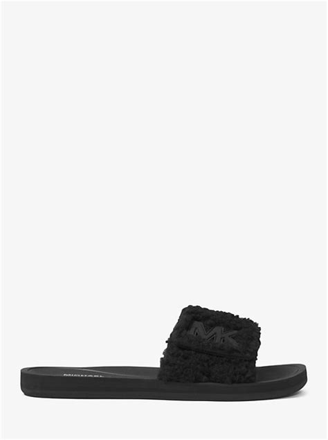 michael kors faux shearling logo slides|MK Logo Faux Shearling Slide Sandal .